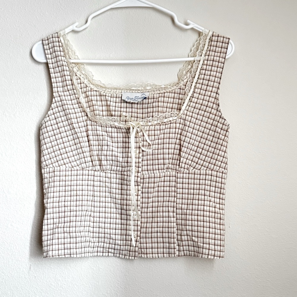 Women’s PacSun Cream and Brown Checkered Plaid Button Blouse Size Small